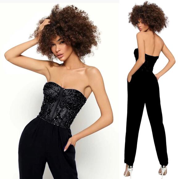Tarik Ediz Black Sequin Corset Strapless Jumpsuit NWT Formal Size 2 - Picture 1 of 13
